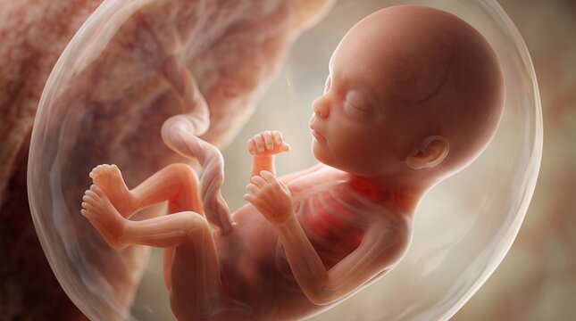 Miraculous beginning of life: a detailed 13-14 week human embryo visual showing prenatal development inside the amniotic sac.
