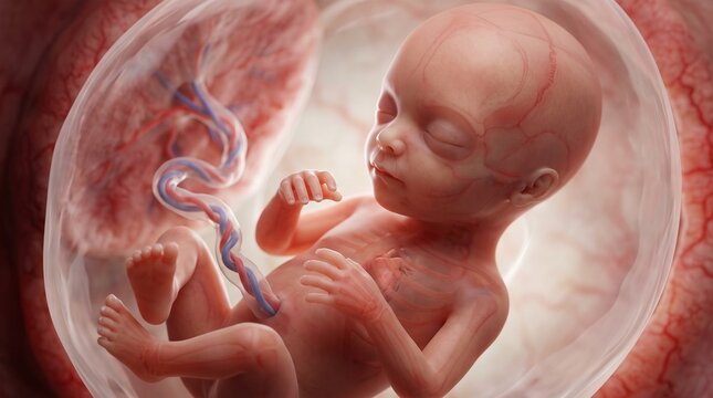 Miraculous beginning of life: a detailed 13-14 week human embryo visual showing prenatal development inside the amniotic sac.