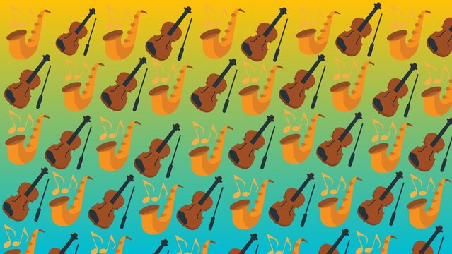 A cheerful abstract background illustration featuring alternating saxophone and violin icons arranged in a playful repeating pattern.The balanced composition and vibrant design create a lively,musical