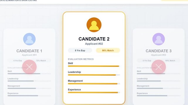 Digital recruitment interface comparing three job candidate profiles