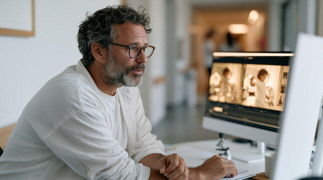 A video editor reviewing two split-screen timelines in a hospital break room, one screen showing a daughter's first steps footage, the other a color-graded before version, both
