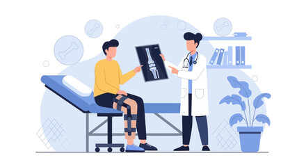 Fototapeta premium Doctor Discussing X-ray with Patient Wearing Knee Brace in Clinic