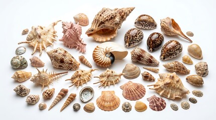 Obraz premium Large collection of diverse sea shells arranged on white background.