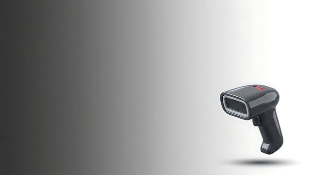 A black wireless handheld barcode scanner isolated on a white and grey gradient background for retail business