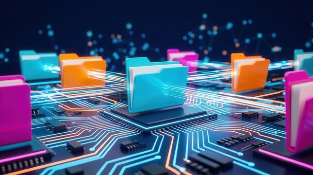 Digital folders and files on glowing circuits represent data organization.