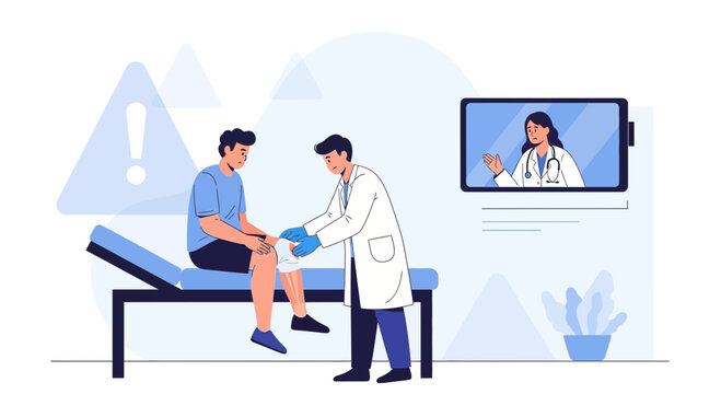 Doctor examines patient's knee during telemedicine consultation, remote medical care concept