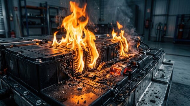 Electric car battery ignites during fire safety test with burning lithium ion cells.