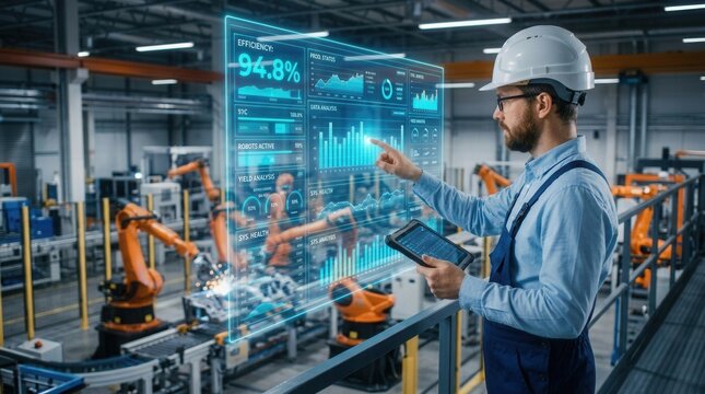 Engineer uses tablet in high tech factory with robotic arms