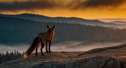 Fototapeta premium Red fox standing on rocky overlook surveying misty forested hills at sunrise with warm golden light and layered distant ridgelines