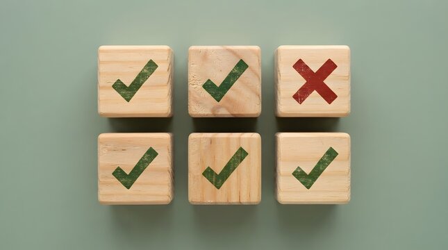 Wooden blocks with green check marks and one red cross symbol