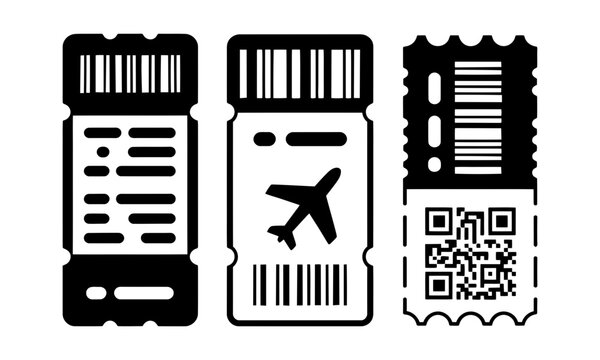 Three ticket designs with barcode and airplane icon admission boarding technology graphics