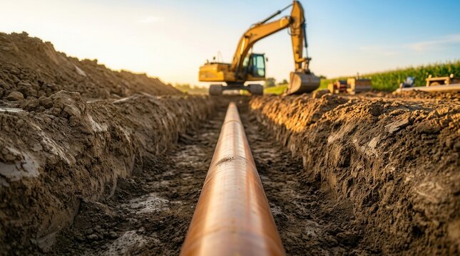 Excavator digs trench for pipe laying on a construction site.