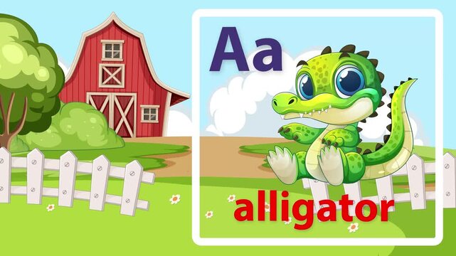 Educational Alphabet Animation Featuring Cartoon Alligator and Farm Background