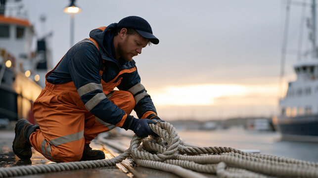 Rain soaked dock ropes hang slack from iron cleats after a winter storm, a nautical rigger in oilskins kneels examining frayed yacht halyards under a quayside lamp, puddles
