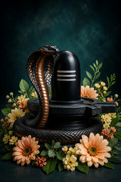Nag panchami shiv lingam encircled by black cobra and soft peach flowers against dark teal background for serene mahadev devotion concept imagery