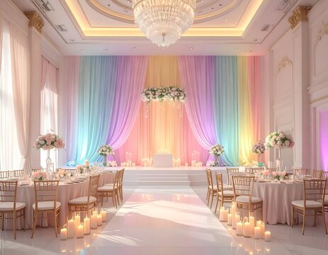 Elegant wedding reception hall with rainbow pastel drapery backdrop.