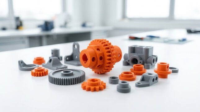 Various 3D printed parts and gears with complex shapes and designs for industrial use.