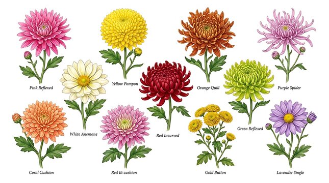 Set of beautiful watercolor chrysanthemum flowers collection.