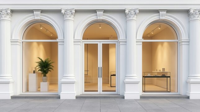 Elegant white boutique exterior facade with arched windows and glass doors.