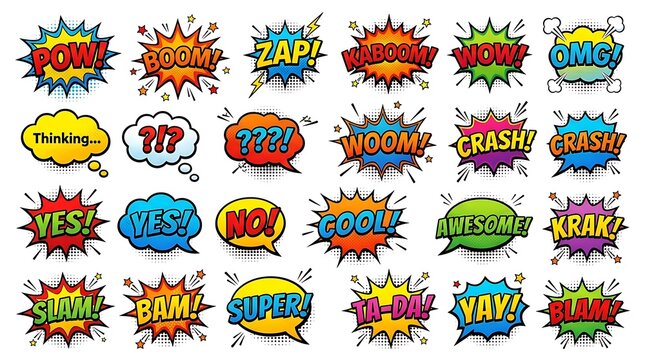Set of colorful comic book speech bubbles and sound effect elements.