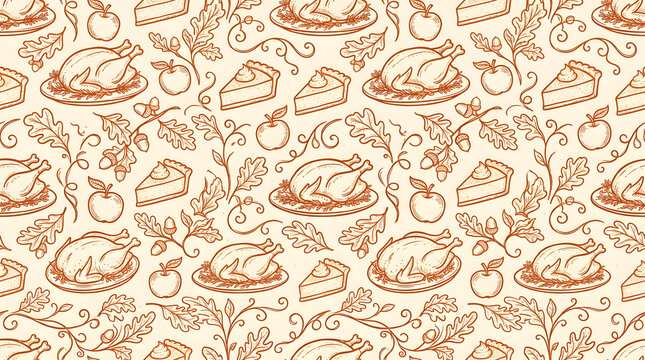 Seamless pattern with hand drawn thanksgiving elements like roasted turkey pumpkin pie and autumn leaves on a light beige background for seasonal design