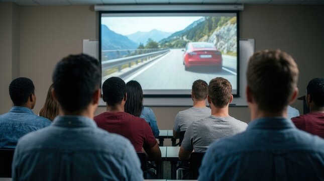 Diverse group of students attending a driver education class and watching a road safety presentation on a big screen.