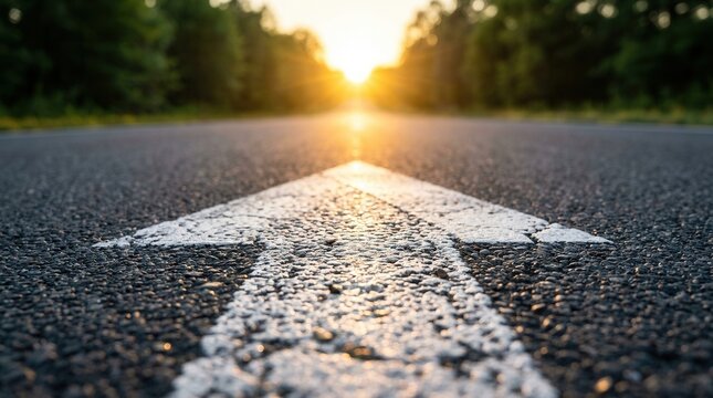 An asphalt road marked with a white arrow points towards a bright sunset sun with trees lining the path.