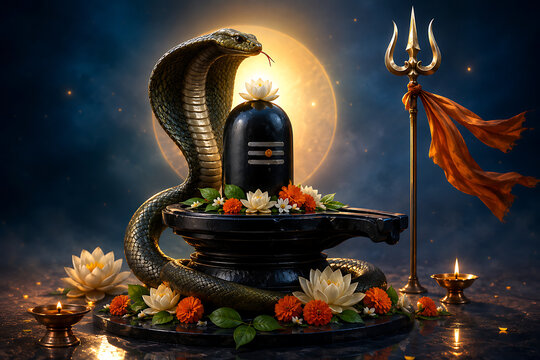 Divine nag panchami composition with cobra protecting shiv lingam surrounded by lotus marigolds oil lamps trident and luminous full moon spiritual background