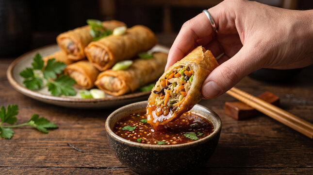 Hand dipping fried spring roll into dipping sauce