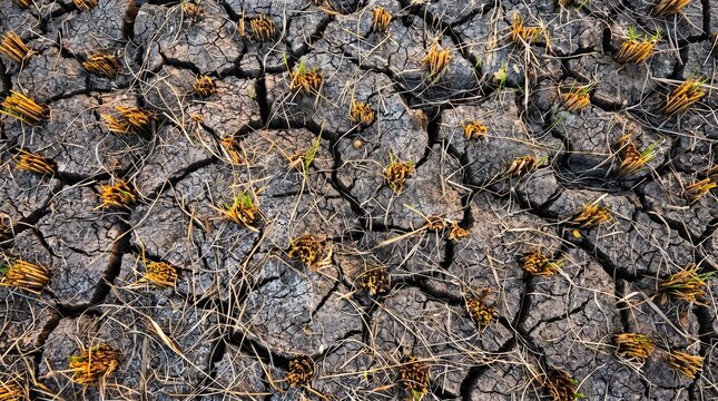 Cracked dry soil with sparse grass and crop stubble. Natural drought texture representing climate change, water scarcity, agriculture, desertification, and environmental degradation.