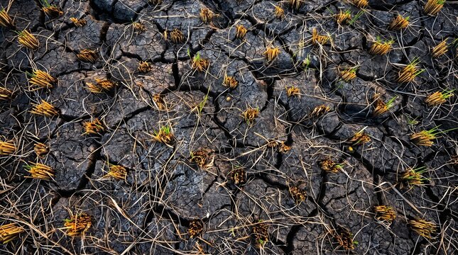 Cracked dry soil with sparse grass and crop stubble. Natural drought texture representing climate change, water scarcity, agriculture, desertification, and environmental degradation.