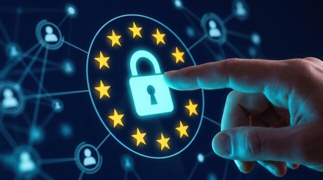 Hand touches cyber security data privacy graphic with padlock icon and EU flag stars on digital screen.