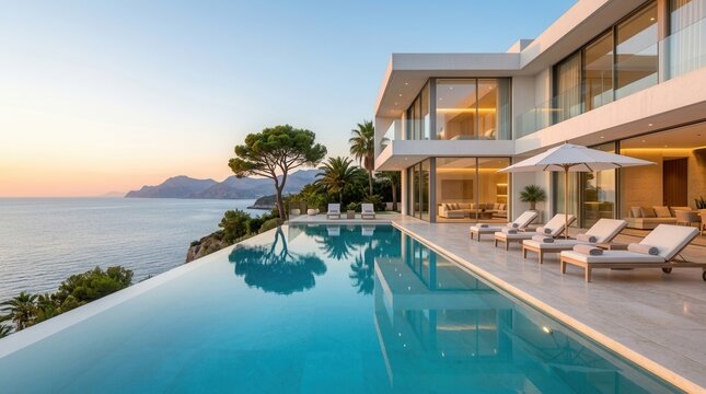Modern villa exterior with infinity pool and ocean view showcasing luxury architecture design.