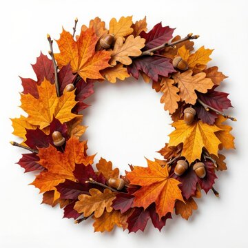 Autumn leaf wreath for seasonal home decor. Handcrafted fall foliage garland with acorns and maple leaves.