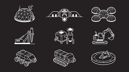 Set of 9 Isometric Vector Icons for Lunar Colony: Dome Habitat, Mining Drill, Rover, Excavator, Satellite Dish, Processing Plant, Lander, Transport Vehicle, and Habitat Modules. White Outline © Hendra