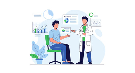 Obraz premium Doctor consulting patient with medical charts and graphs, healthcare analytics concept