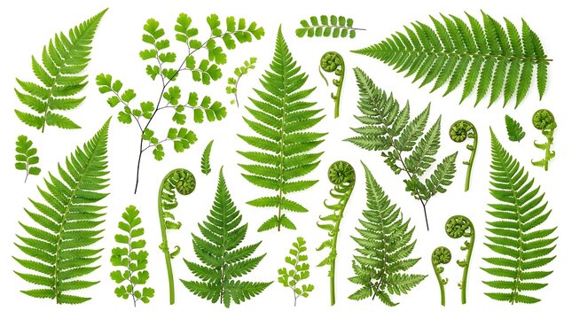 Set of Various Green Fern Leaves and Fiddlehead Ferns Isolated on White Background.