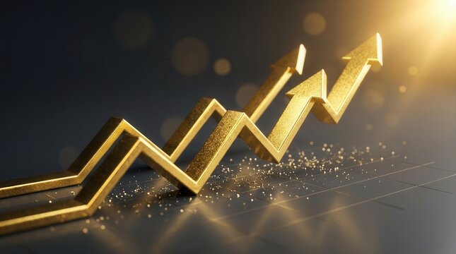 Financial success and uptrend progress shown by a golden arrow chart.