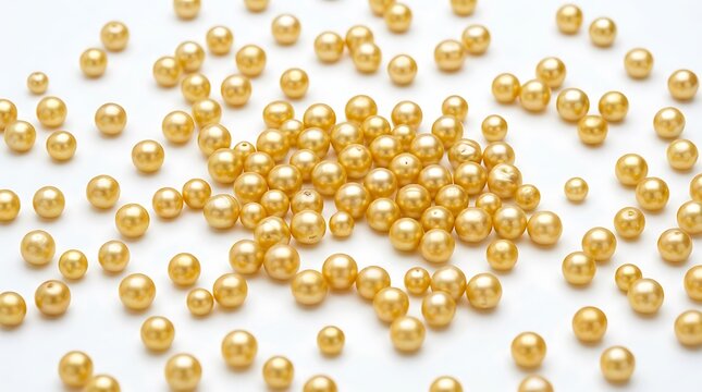 Shiny Golden Pearls Scattered on White Background.