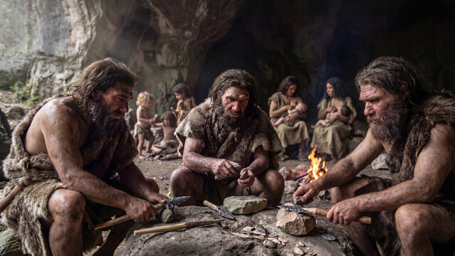 A prehistoric family inside a cave, where three cavemen are meticulously crafting and knapping stone tools over mossy logs and a larger collection of finished tools.