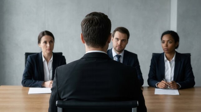 Man in suit faces interview panel of three people in office during job selection process.