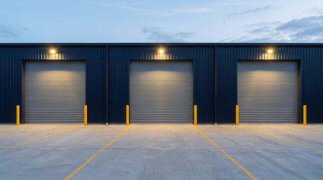 Three industrial loading docks with security posts at a distribution center building.