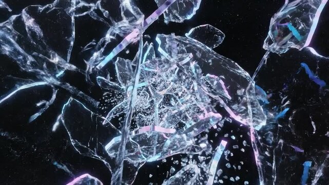 Shards of shattered glass with iridescent neon edges floating and rotating in zero gravity