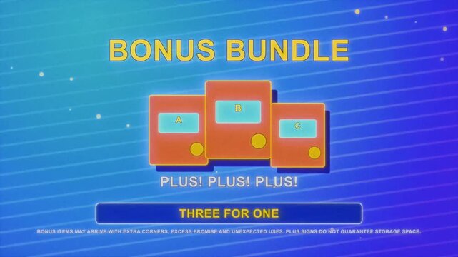 Retro 1990s infomercial parody showcasing BONUS BUNDLE offer with THREE FOR ONE deal. Blue gradient with multiple product boxes and repeated PLUS text mimics vintage TV shopping ads.
