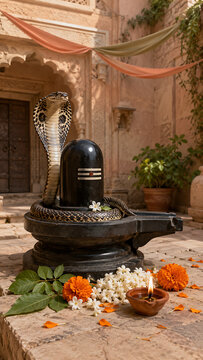 Peaceful nag panchami ritual featuring cobra beside shiv lingam with jasmine marigolds sacred leaves diya and traditional sunlit palace courtyard heritage background