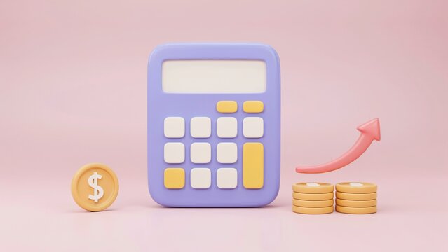 3d calculator with stacks of gold coins and rising arrow