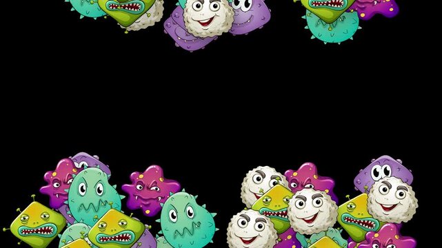 Cartoon Germs and Bacteria Falling Against a Black Background