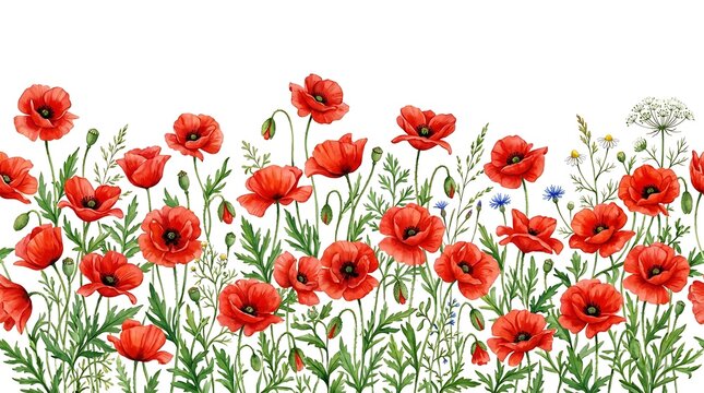 Watercolor seamless border with red poppies and wildflowers.