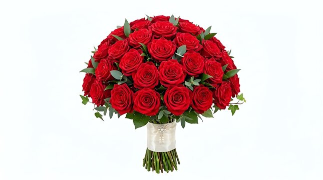 A beautiful lush bouquet of fresh red roses isolated on white background.