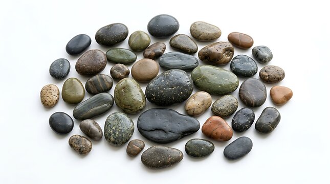A collection of smooth river stones arranged on a white background.